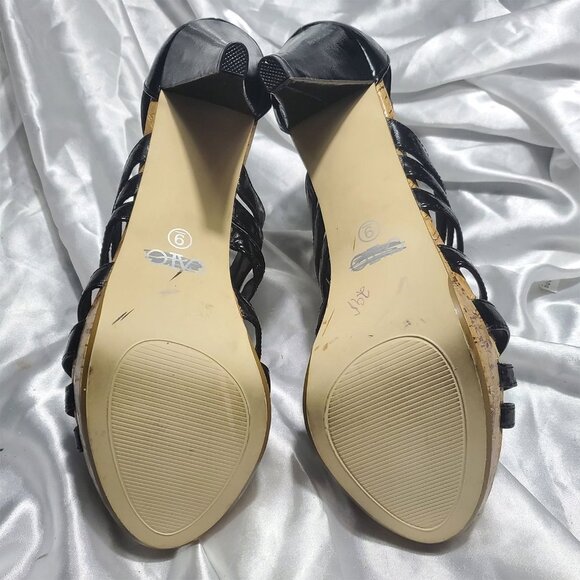 $$$ NEW CATO black patent strappy zip up t-strap gladiator cork platform heels - Picture 5 of 5